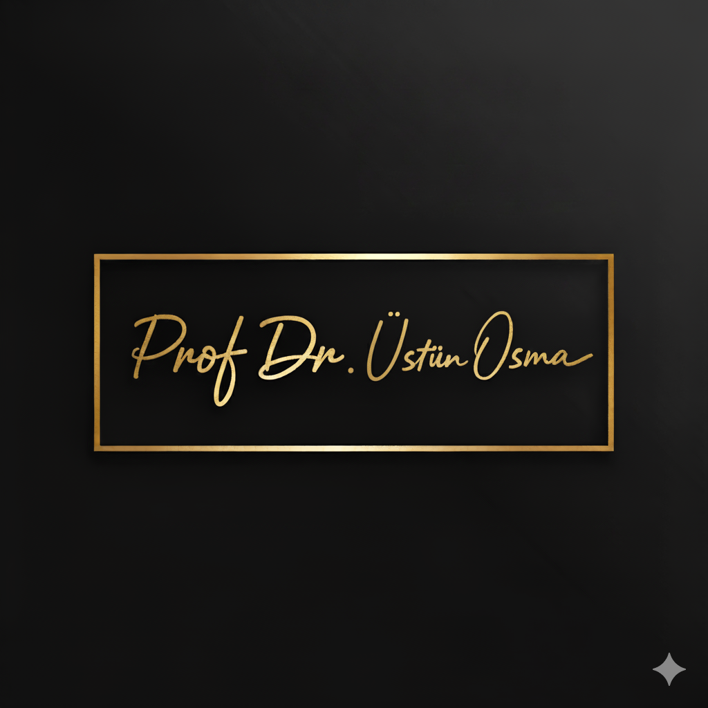 Elegant nameplate design featuring 'Prof Dr. Üstün Osma' in golden script on a black background.
